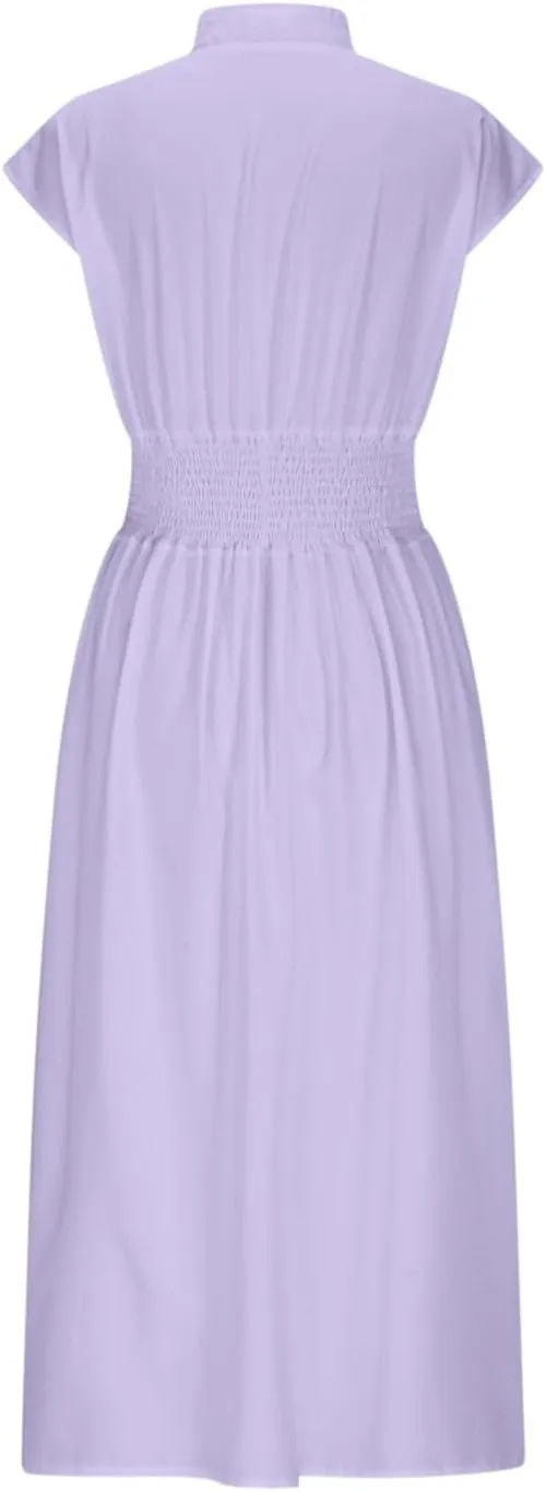 JOAU Womens Summer Casual V Neck Cap Sleeve Dress Smocked Elastic Waist Zipper Front Flowy Pleated Midi Dresses with Pockets