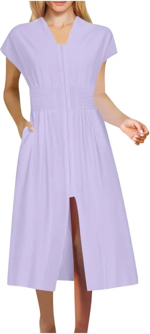 JOAU Womens Summer Casual V Neck Cap Sleeve Dress Smocked Elastic Waist Zipper Front Flowy Pleated Midi Dresses with Pockets