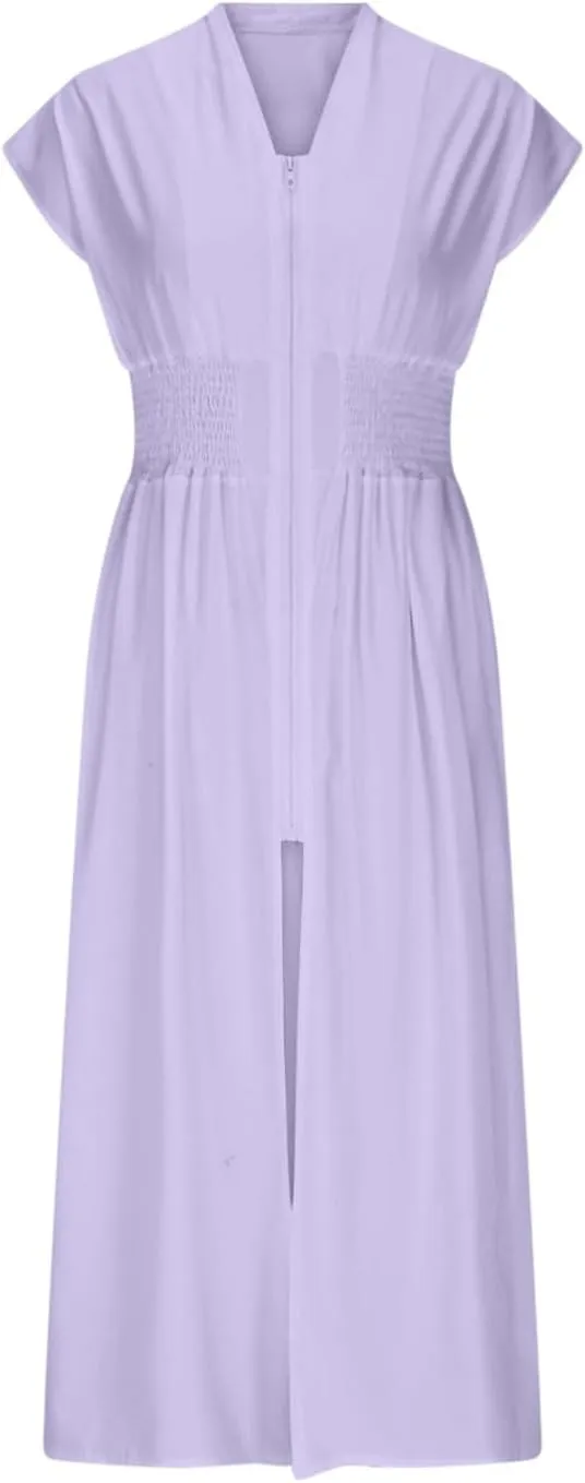 JOAU Womens Summer Casual V Neck Cap Sleeve Dress Smocked Elastic Waist Zipper Front Flowy Pleated Midi Dresses with Pockets