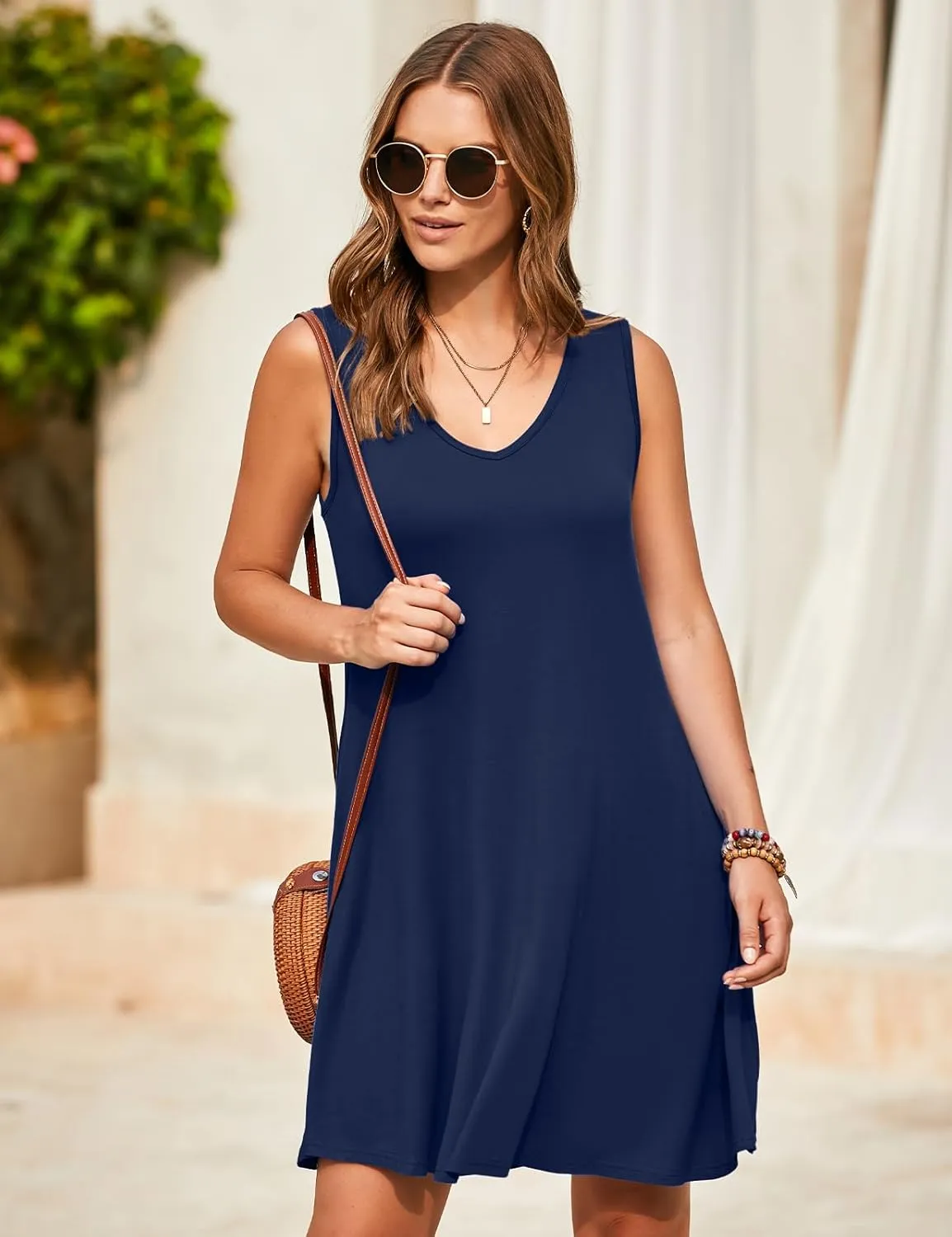 JollieLovin Women V Neck Plus Size Summer Dress 2025 Sleeveless T-Shirt Dress Beach Swing Loose Fit Casual