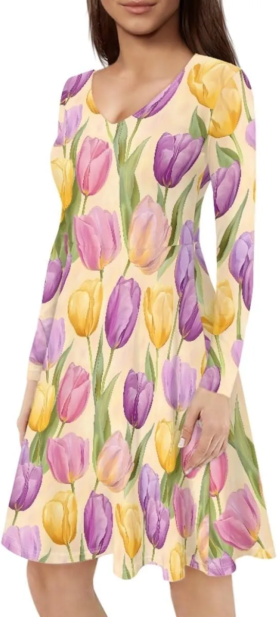 JooMeryer Womens Plus Size Easter Dress Eggs Hunt Bunny Long Sleeve V Neck Midi Dresses
