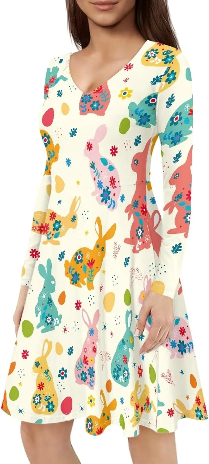 JooMeryer Womens Plus Size Easter Dress Eggs Hunt Bunny Long Sleeve V Neck Midi Dresses
