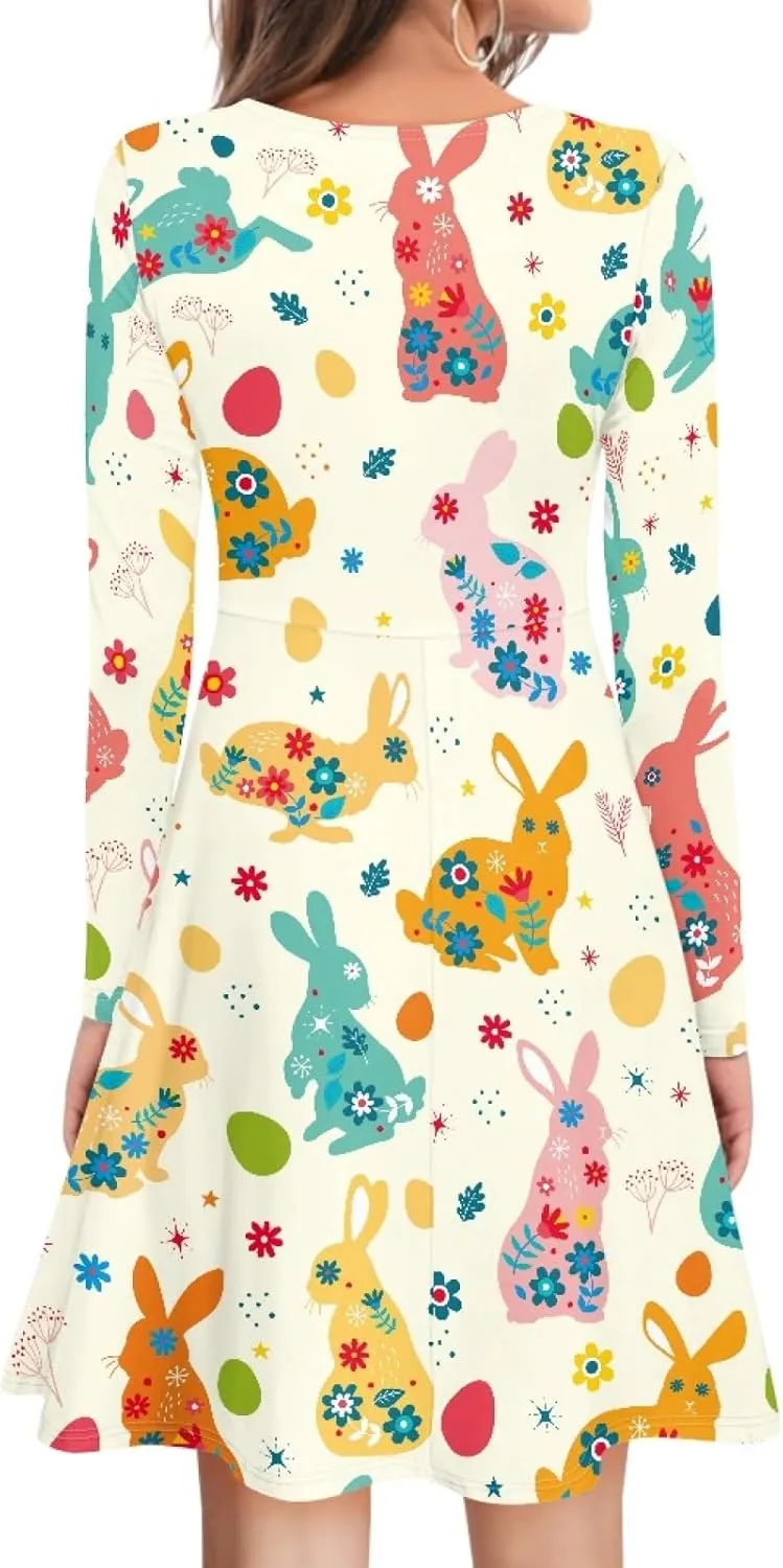 JooMeryer Womens Plus Size Easter Dress Eggs Hunt Bunny Long Sleeve V Neck Midi Dresses