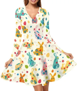 JooMeryer Womens Plus Size Easter Dress Eggs Hunt Bunny Long Sleeve V Neck Midi Dresses