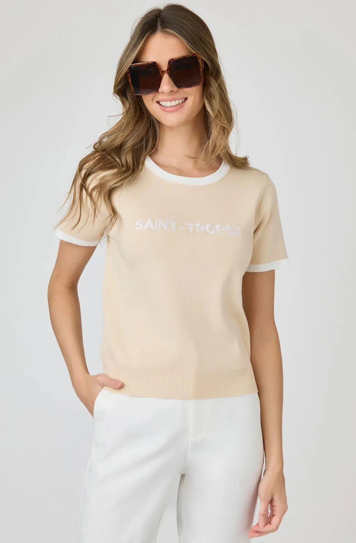 Knit T Shirt Embroidery Contrast Trim Short Sleeve