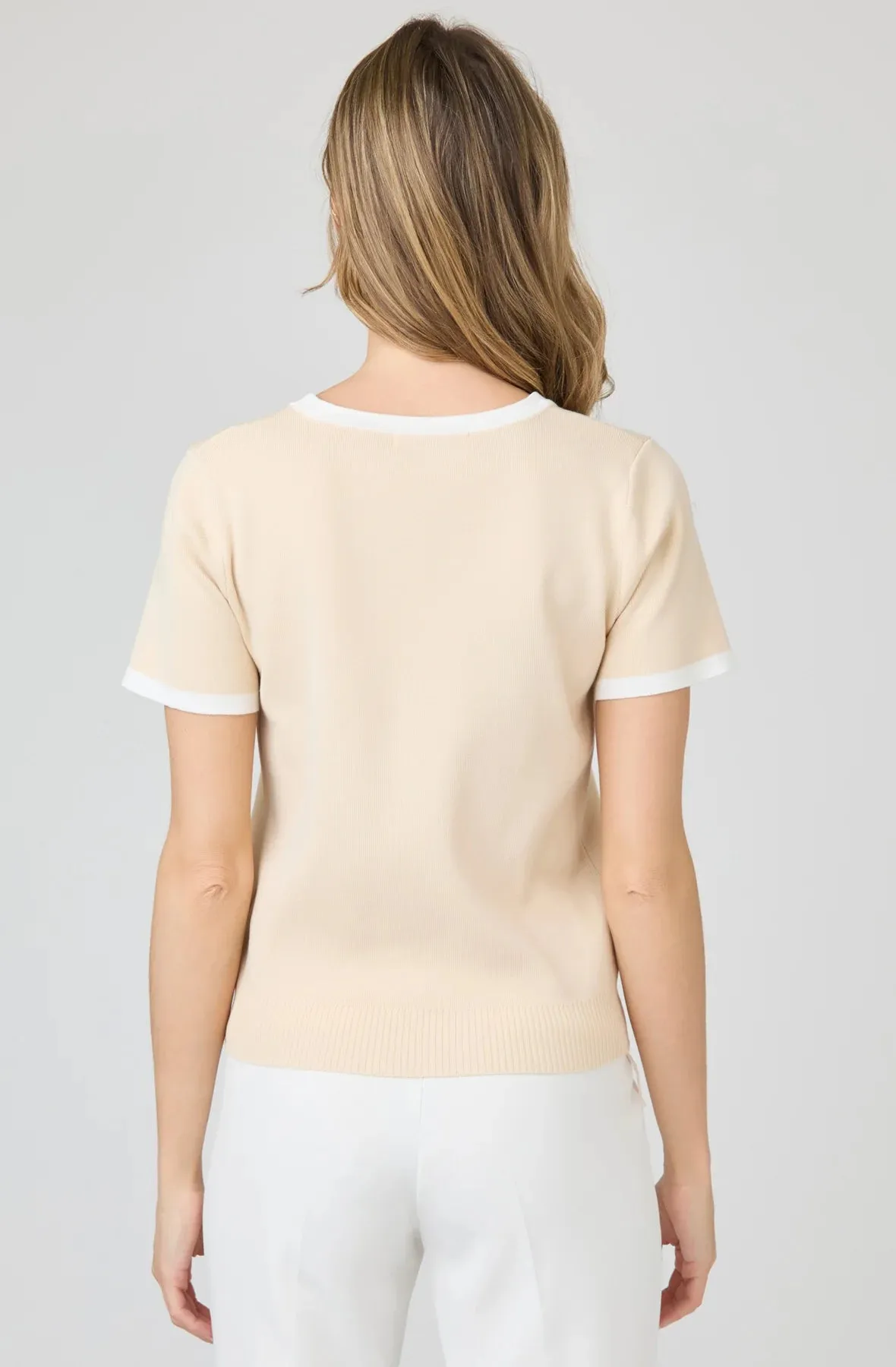 Knit T Shirt Embroidery Contrast Trim Short Sleeve