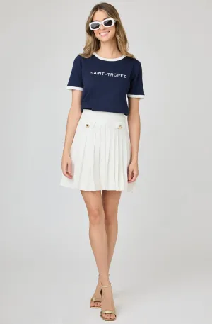 Knit T Shirt Embroidery Contrast Trim Short Sleeve