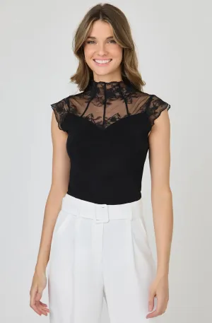 Knit Top with Sheer Lace Neckline