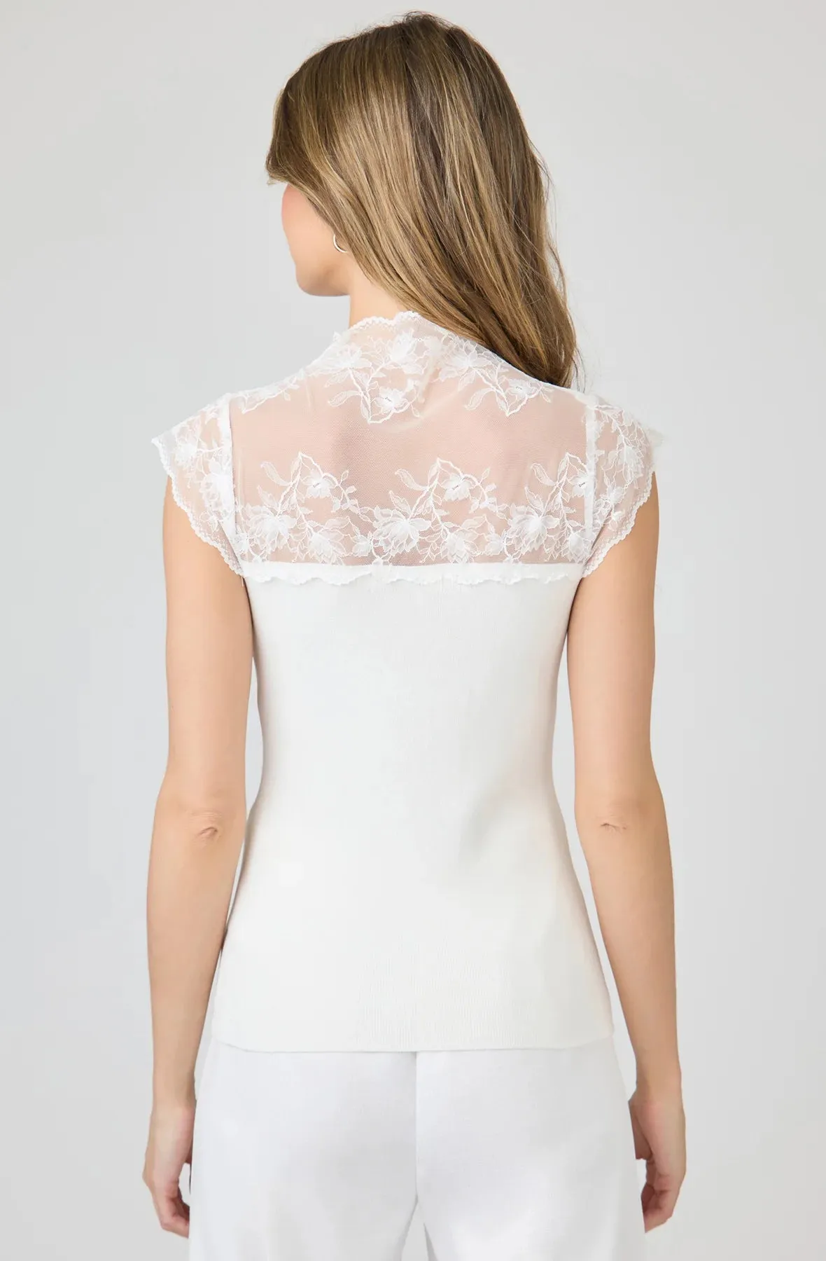 Knit Top with Sheer Lace Neckline