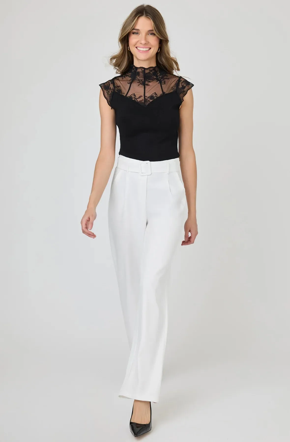 Knit Top with Sheer Lace Neckline