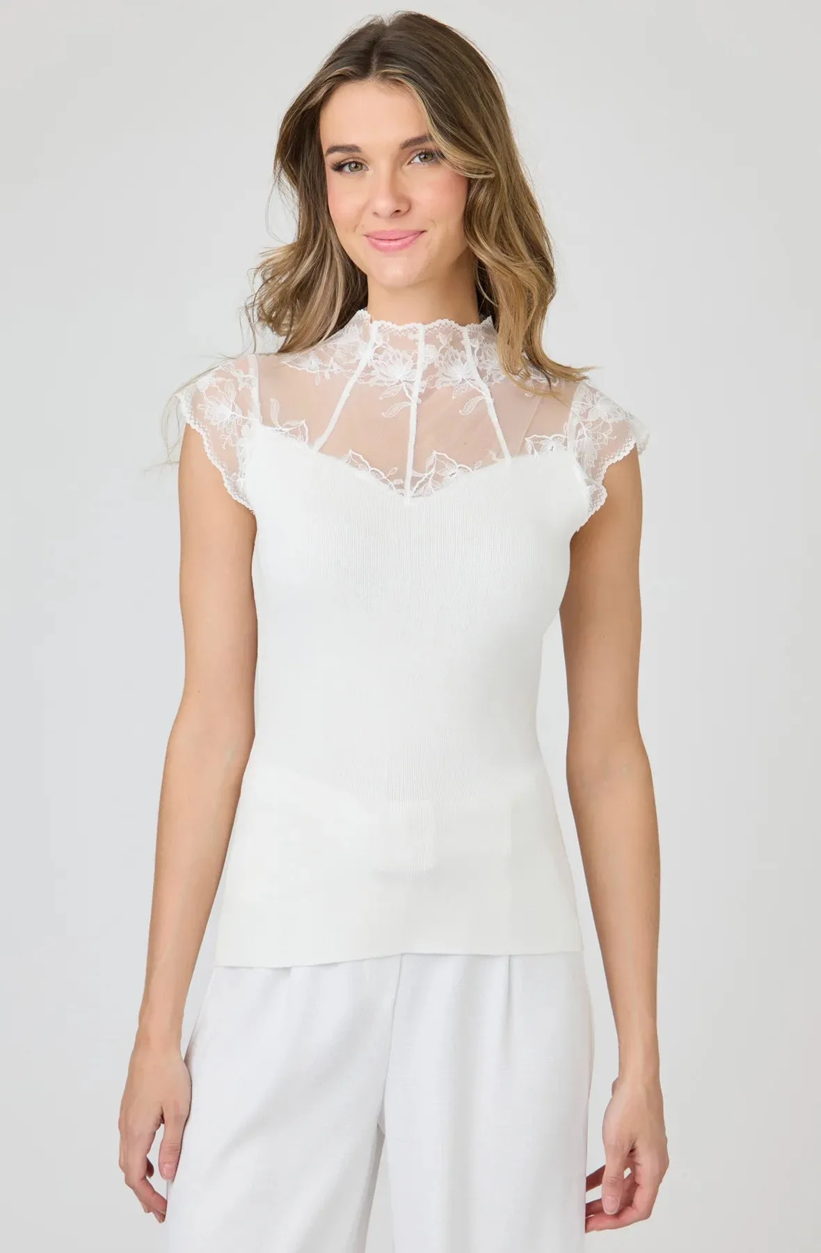 Knit Top with Sheer Lace Neckline