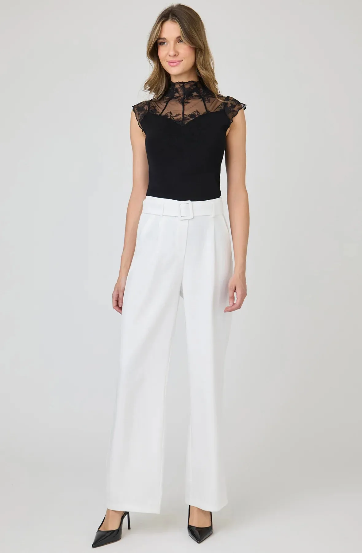 Knit Top with Sheer Lace Neckline