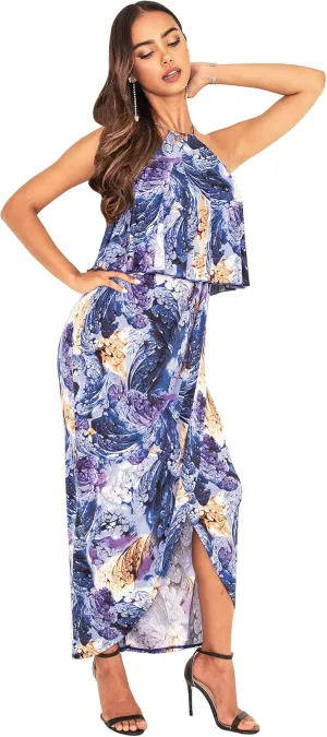 KOH KOH Womens Long Sexy Halter Damask Print Dressy Cocktail Maxi Dress
