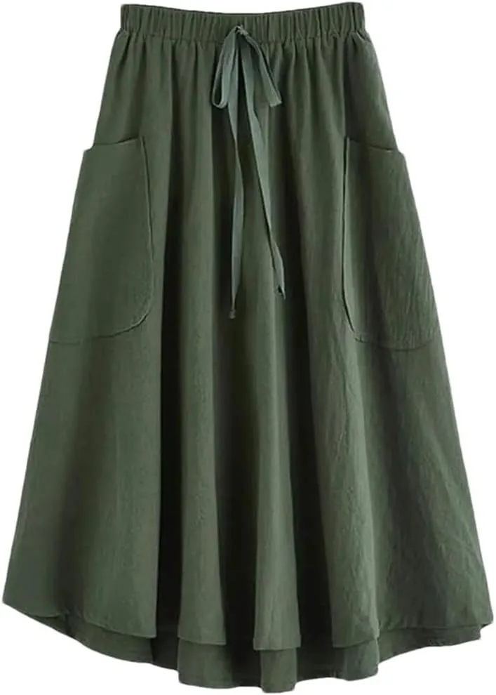 Korean Fashion Women Casual High Waist Pleated Midi Skirt with Pocket A Line Skirt