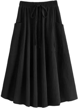 Korean Fashion Women Casual High Waist Pleated Midi Skirt with Pocket A Line Skirt