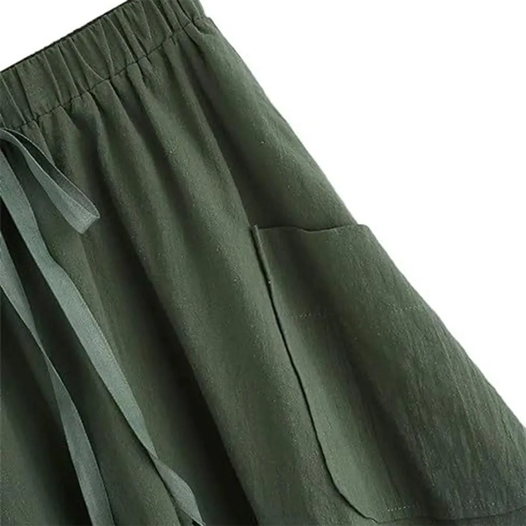Korean Fashion Women Casual High Waist Pleated Midi Skirt with Pocket A Line Skirt