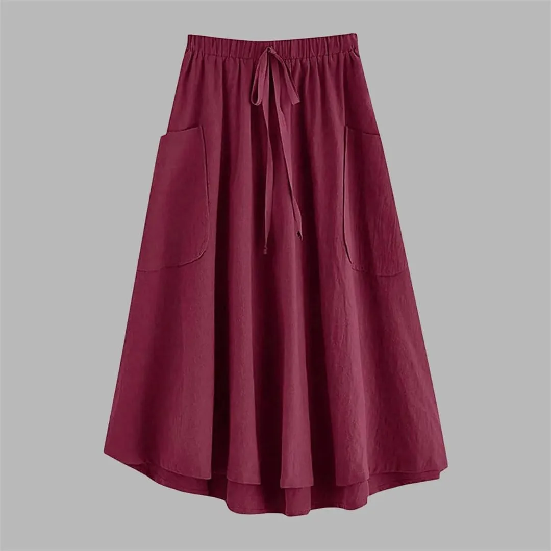 Korean Fashion Women Casual High Waist Pleated Midi Skirt with Pocket A Line Skirt