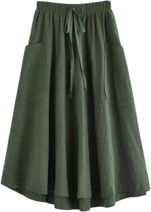 Korean Fashion Women Casual High Waist Pleated Midi Skirt with Pocket A Line Skirt