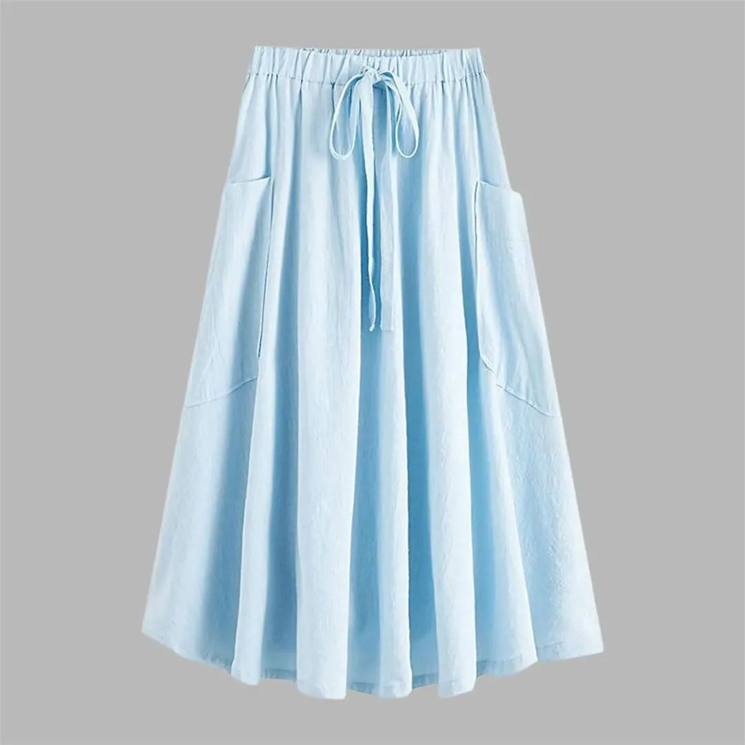 Korean Fashion Women Casual High Waist Pleated Midi Skirt with Pocket A Line Skirt