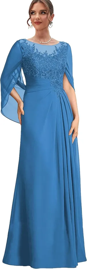 Lace Mother of The Bride Dresses with Sleeves Chiffon Long Formal Dress for Women Wedding Guest