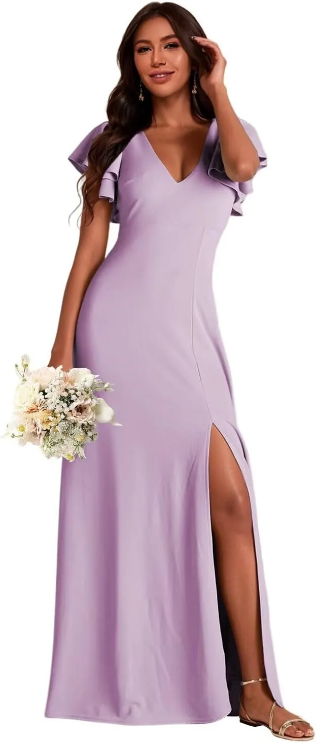 Lace Up Back Bridesmaid Dresses for Women 2025 Futtler Sleeves Split Chiffon Evening Dress AD116