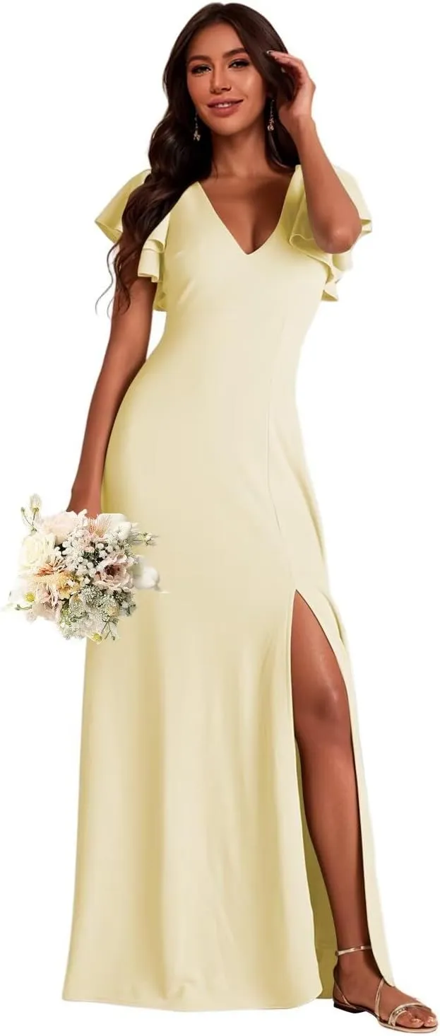 Lace Up Back Bridesmaid Dresses for Women 2025 Futtler Sleeves Split Chiffon Evening Dress AD116