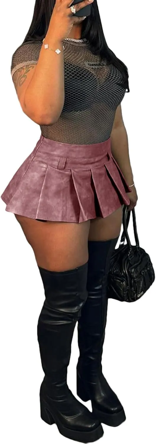 LETSVDO Women's Leather Skirt Mini Pleated High Waisted Y2k A Line Flare Skater Short Skirts