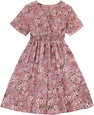 Little Girls Short Sleeve Flowers Prints V Neck Dress Girls Summer Beach Sundress Princess Party Dresses