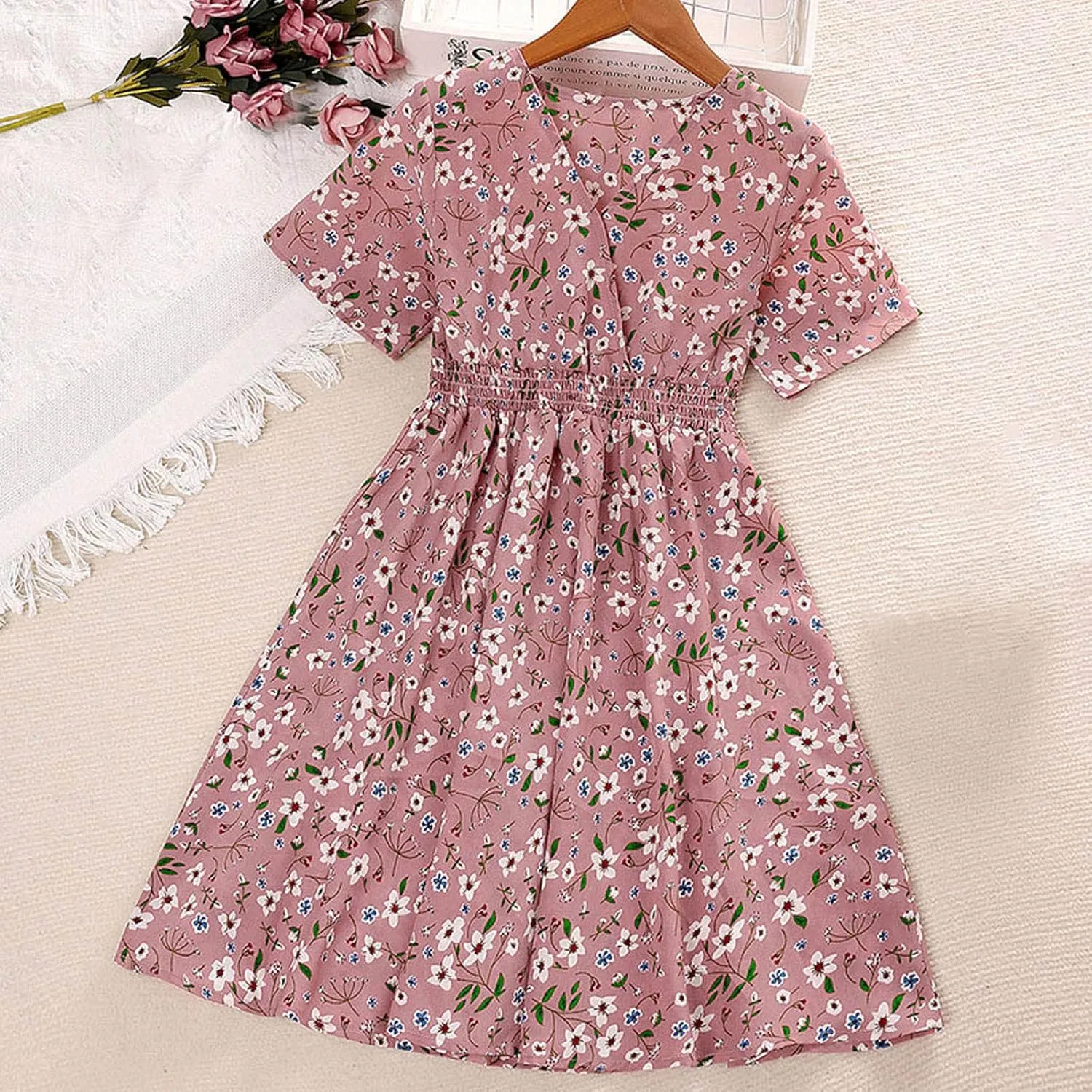 Little Girls Short Sleeve Flowers Prints V Neck Dress Girls Summer Beach Sundress Princess Party Dresses