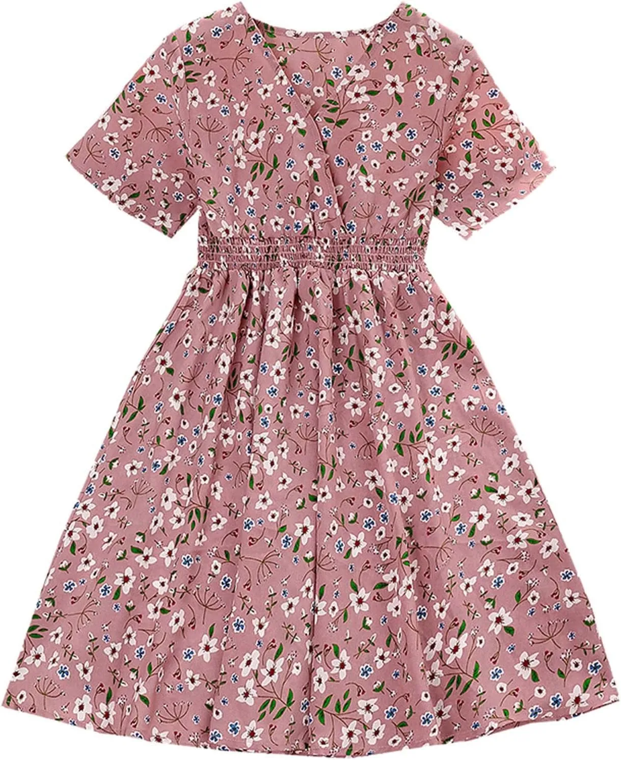 Little Girls Short Sleeve Flowers Prints V Neck Dress Girls Summer Beach Sundress Princess Party Dresses