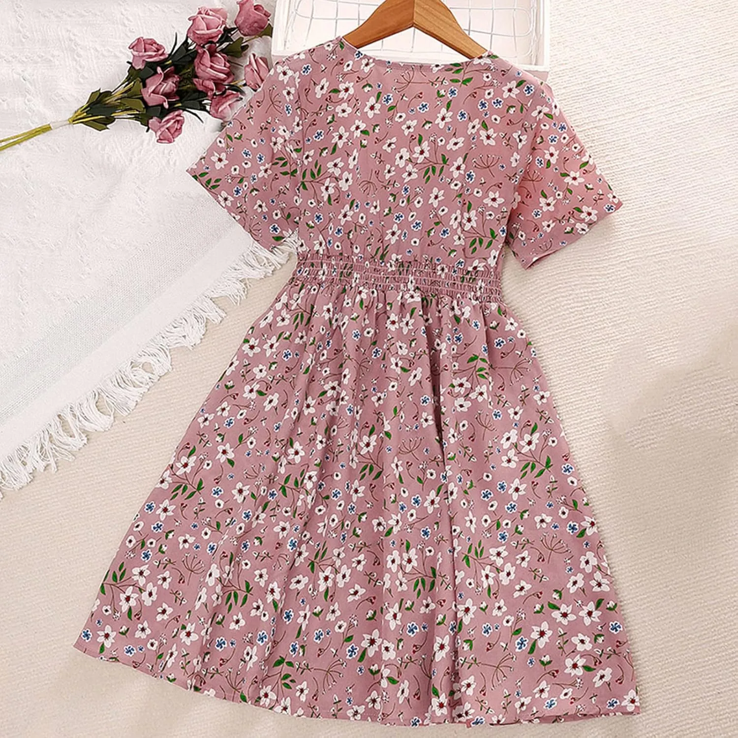 Little Girls Short Sleeve Flowers Prints V Neck Dress Girls Summer Beach Sundress Princess Party Dresses