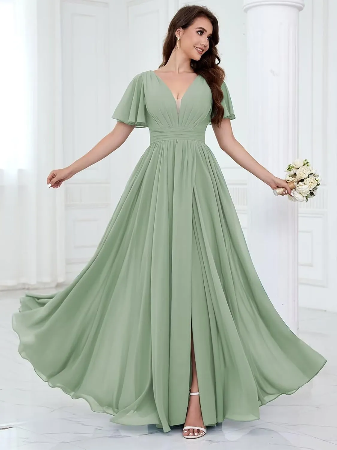 Long Bridesmaid Dresses for Women V Neck A Line Pleated Chiffon Formal Dress with Slit Flutter Sleeve Chiffon Prom Gown