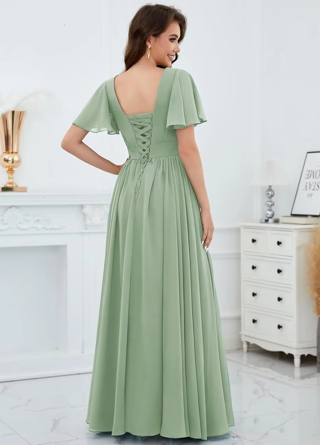 Long Bridesmaid Dresses for Women V Neck A Line Pleated Chiffon Formal Dress with Slit Flutter Sleeve Chiffon Prom Gown