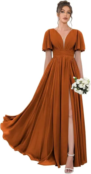 Long Bridesmaid Dresses for Women V Neck A Line Pleated Chiffon Formal Dress with Slit Flutter Sleeve Chiffon Prom Gown