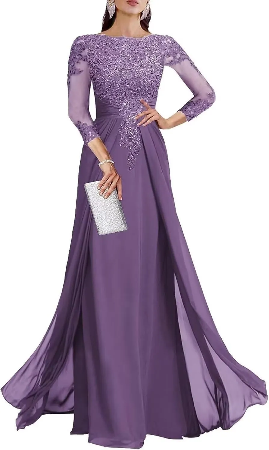 Long Sleeve Mother of The Bride Dresses for Women Lace Appliques Chiffon Formal Evening Gowns