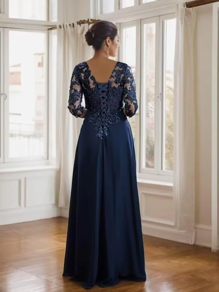 Long Sleeve Mother of The Bride Dresses for Women Lace Appliques Chiffon Formal Evening Gowns