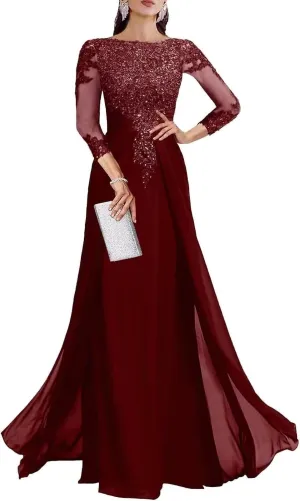 Long Sleeve Mother of The Bride Dresses for Women Lace Appliques Chiffon Formal Evening Gowns