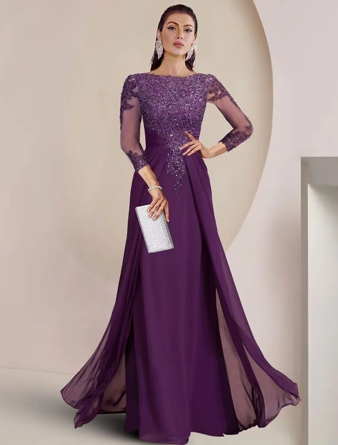 Long Sleeve Mother of The Bride Dresses for Women Lace Appliques Chiffon Formal Evening Gowns