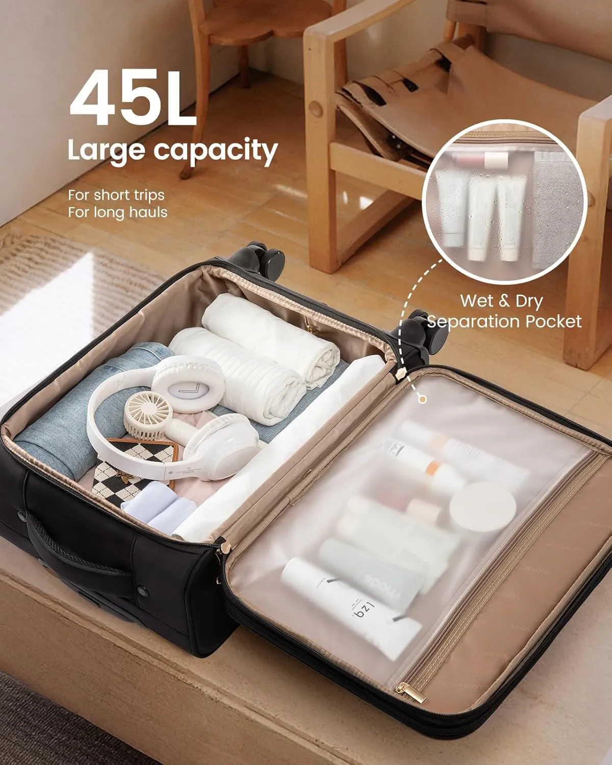 LOVEVOOK Carry On Luggage 22x14x9 Airline Approved, 20 Inch Softside with Wheels, Lightweight Spinner Suitcase with TSA Lock, Water-Resistant Large Capacity for Travel, Black