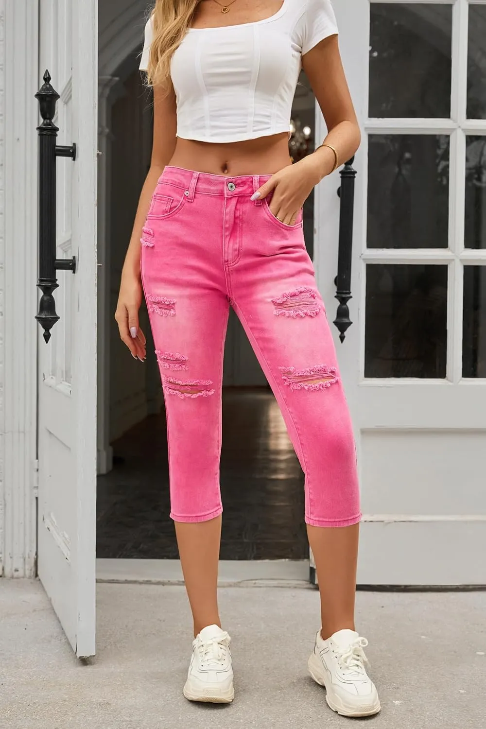 luvamia Womens Capri Jeans for Women High Waisted Skinny Ripped Jean Denim Pants