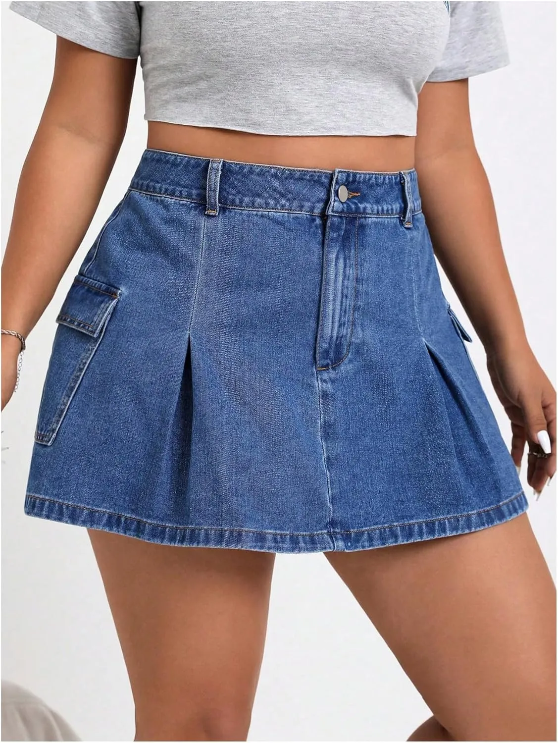 MakeMeChic Women's Plus Size Jean Skirt Pleated Y2k High Waisted Denim Pleated Mini Skirts