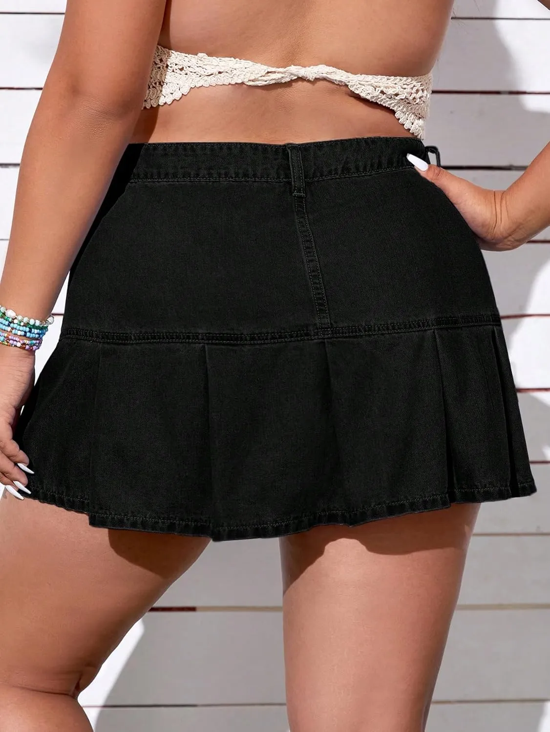 MakeMeChic Women's Plus Size Jean Skirt Pleated Y2k High Waisted Denim Pleated Mini Skirts