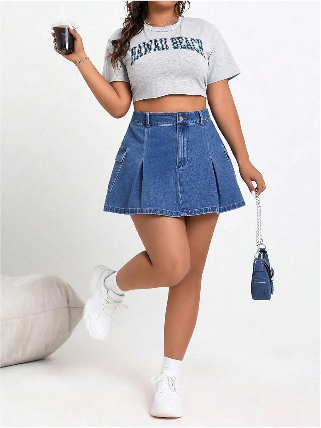MakeMeChic Women's Plus Size Jean Skirt Pleated Y2k High Waisted Denim Pleated Mini Skirts