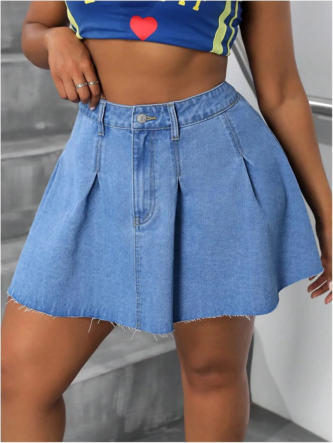 MakeMeChic Women's Plus Size Jean Skirt Pleated Y2k High Waisted Denim Pleated Mini Skirts