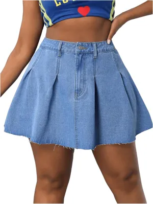 MakeMeChic Women's Plus Size Jean Skirt Pleated Y2k High Waisted Denim Pleated Mini Skirts