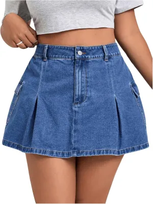 MakeMeChic Women's Plus Size Jean Skirt Pleated Y2k High Waisted Denim Pleated Mini Skirts