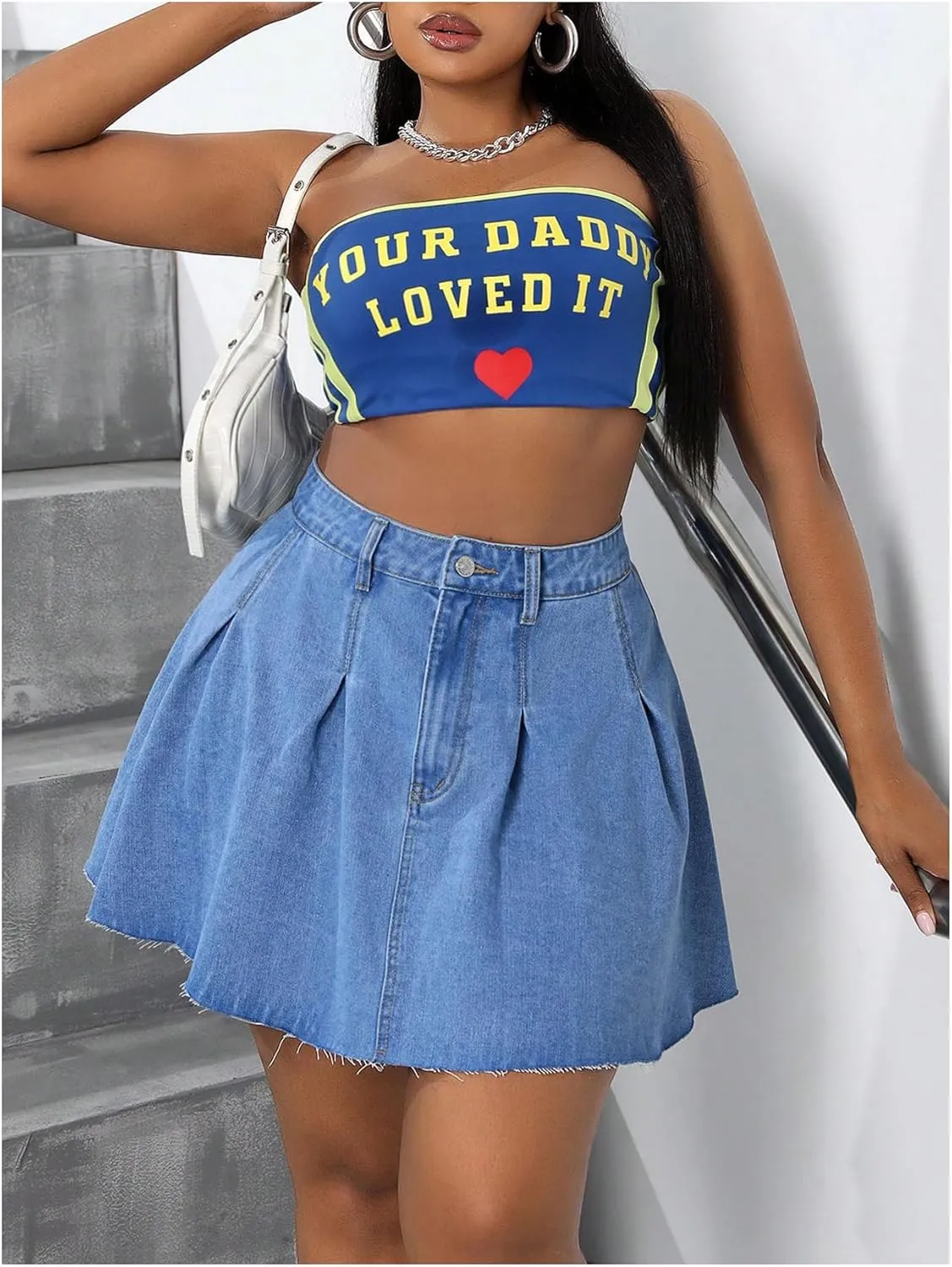MakeMeChic Women's Plus Size Jean Skirt Pleated Y2k High Waisted Denim Pleated Mini Skirts