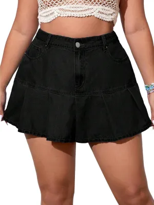 MakeMeChic Women's Plus Size Jean Skirt Pleated Y2k High Waisted Denim Pleated Mini Skirts