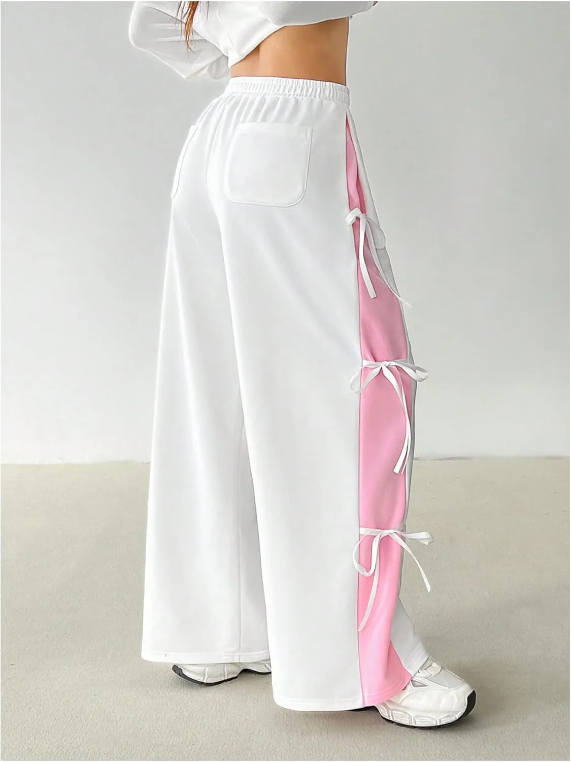 MakeMeChic Women's Y2K Elastic Waist Wide Leg Pants Casual Colorblock Bow Knot Sweatpants
