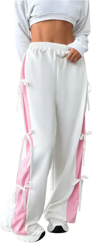 MakeMeChic Women's Y2K Elastic Waist Wide Leg Pants Casual Colorblock Bow Knot Sweatpants